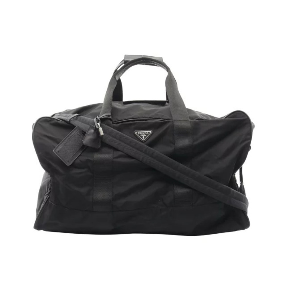 Prada Triangle Plate Boston Bag Saffiano Leather Black